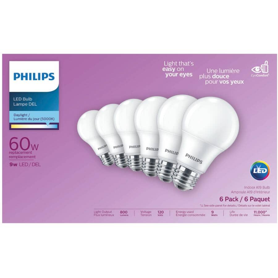 9W A19 Medium Base Daylight LED Light Bulbs Non-Dimmable - 6 Pack