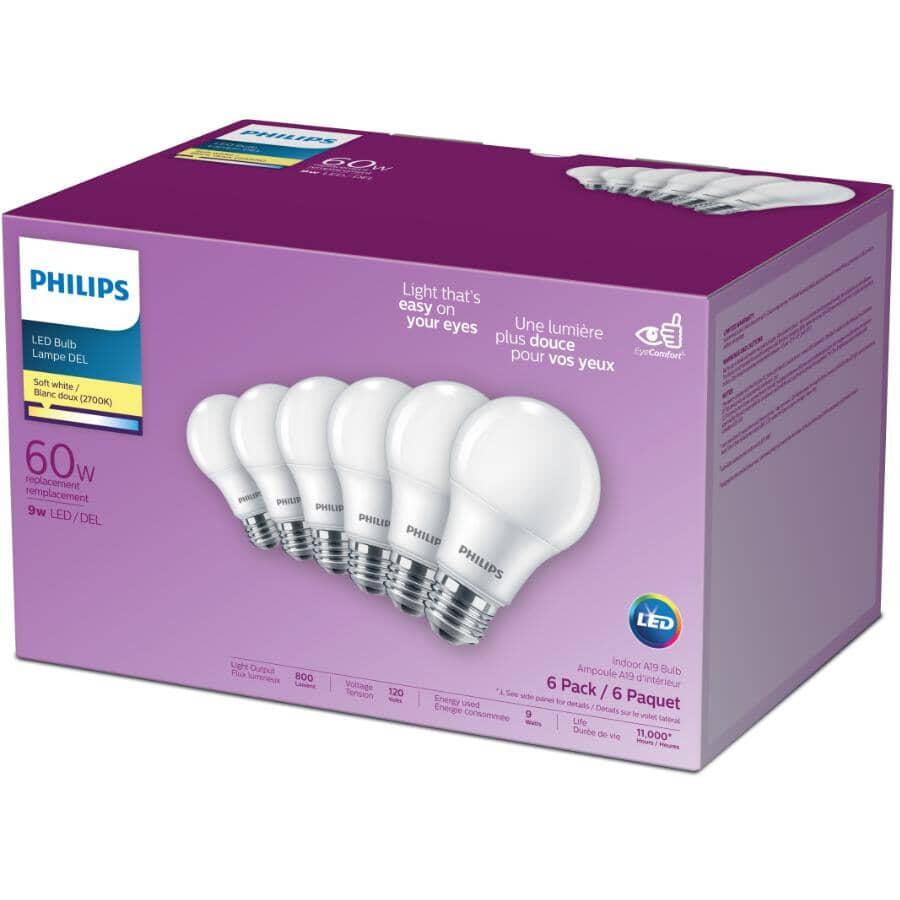 9W A19 Medium Base Soft White LED Light Bulbs Non-Dimmable - 6 Pack