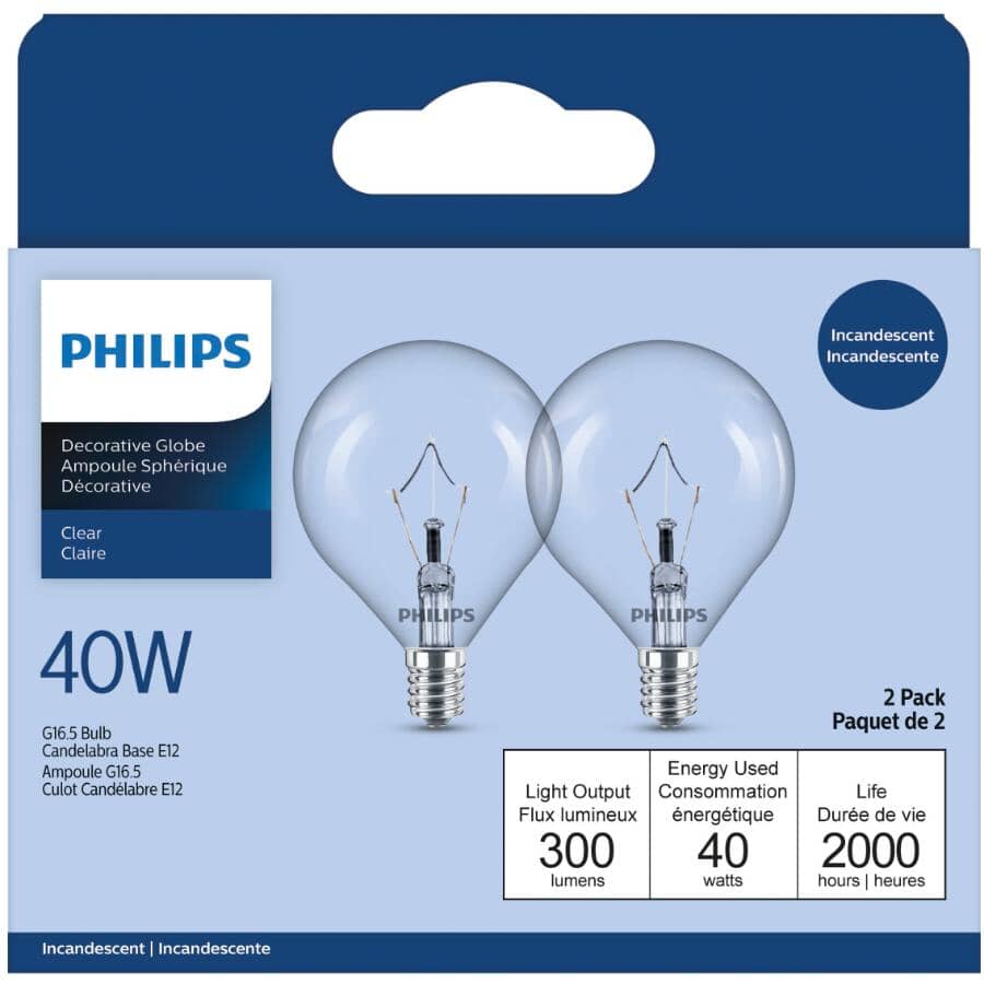 DuraMax 40W G16.5 Candelabra Base Clear Globe Light Bulbs - 2 Pack