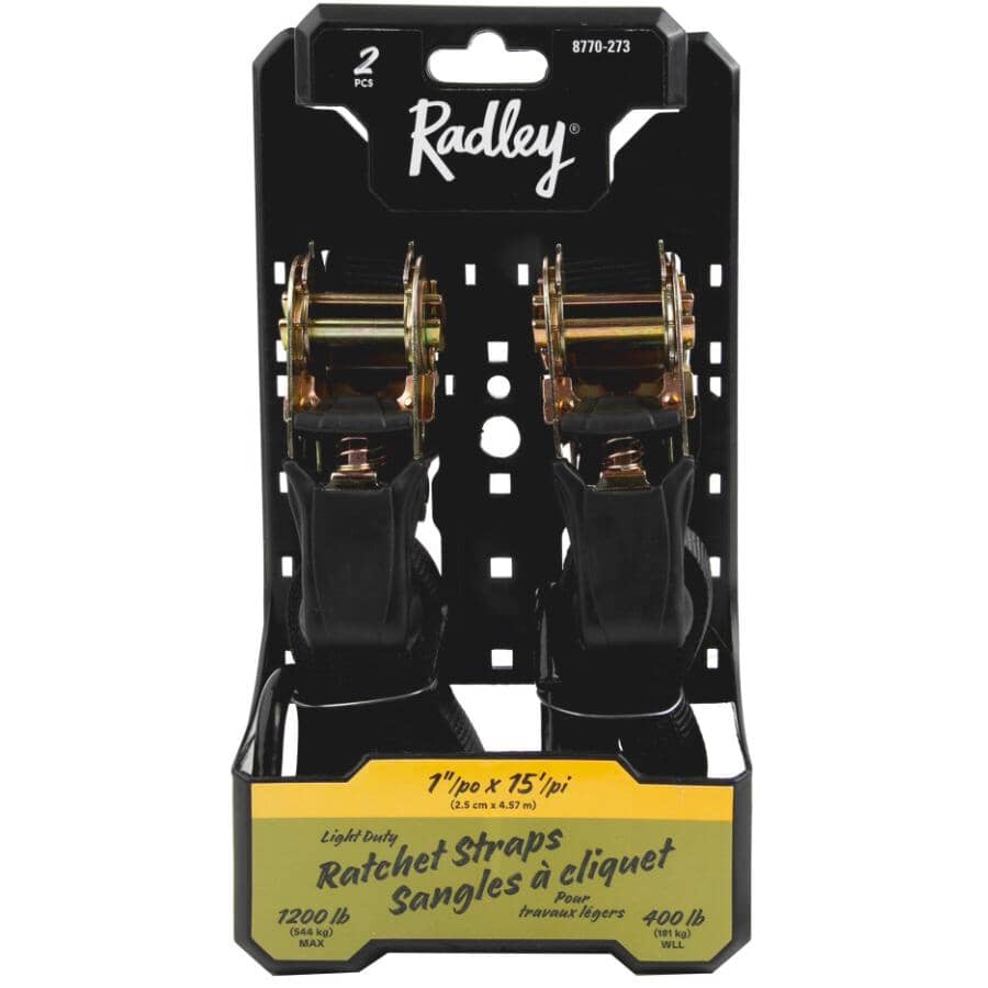 1200 lb Rubber Ratchet Straps - 1" x 15', 2 Pack
