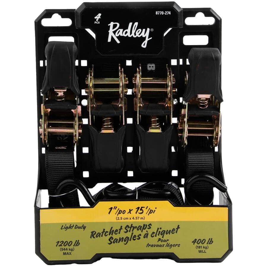 1200 lb Rubber Ratchet Straps - 1" x 15', 4 Pack