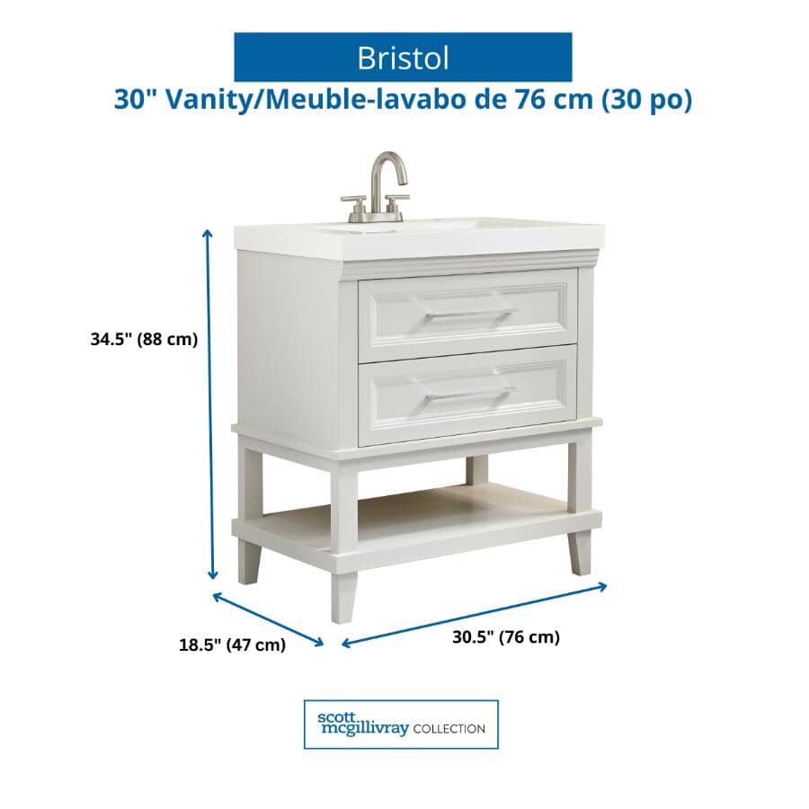 31" W x 19" D Bristol Vanity with Cultured Marble Top - 2 Drawer, Grey