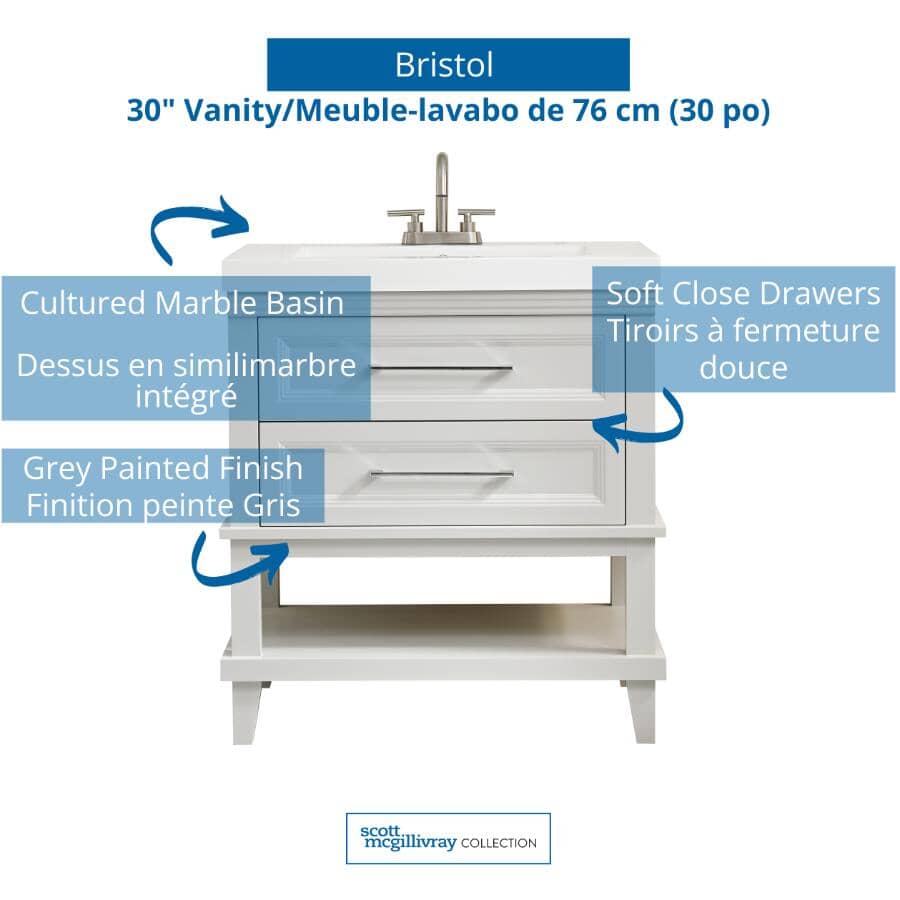 31" W x 19" D Bristol Vanity with Cultured Marble Top - 2 Drawer, Grey