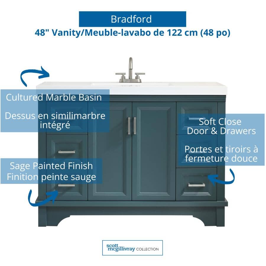 49" W x 19" D Bradford Vanity with Cultured Marble Top - 2 Door, 6 Drawer, Sage