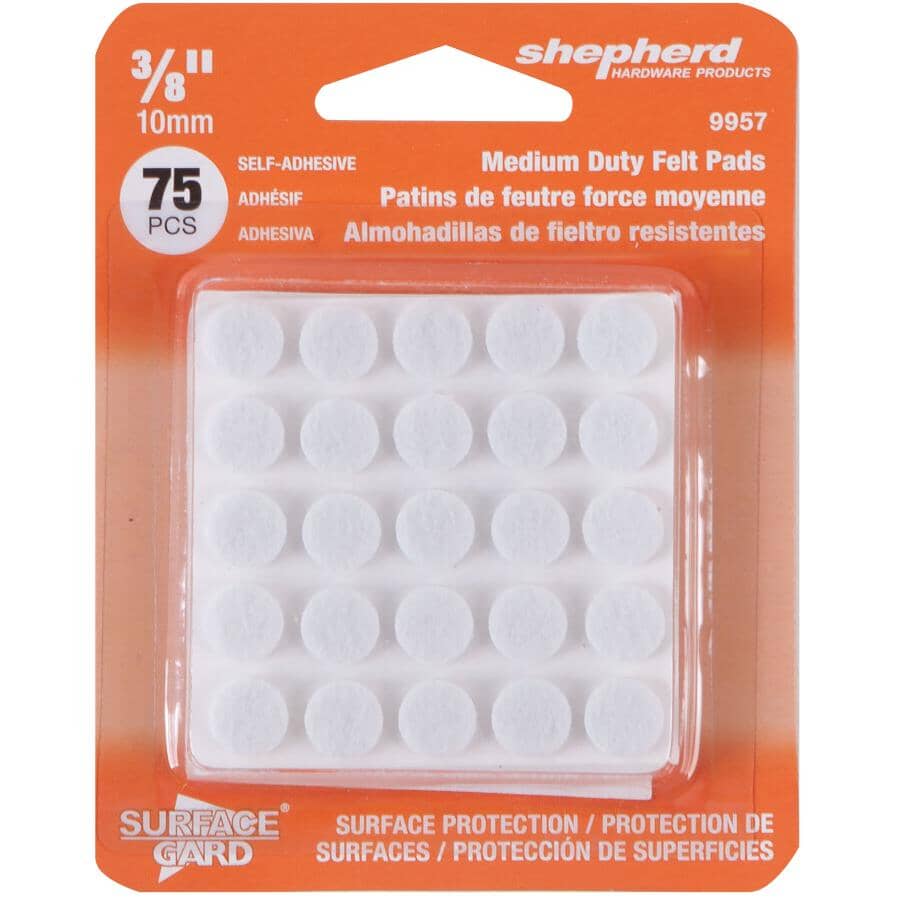 3/8" Medium Duty Felt Pads - White, 75 Pack