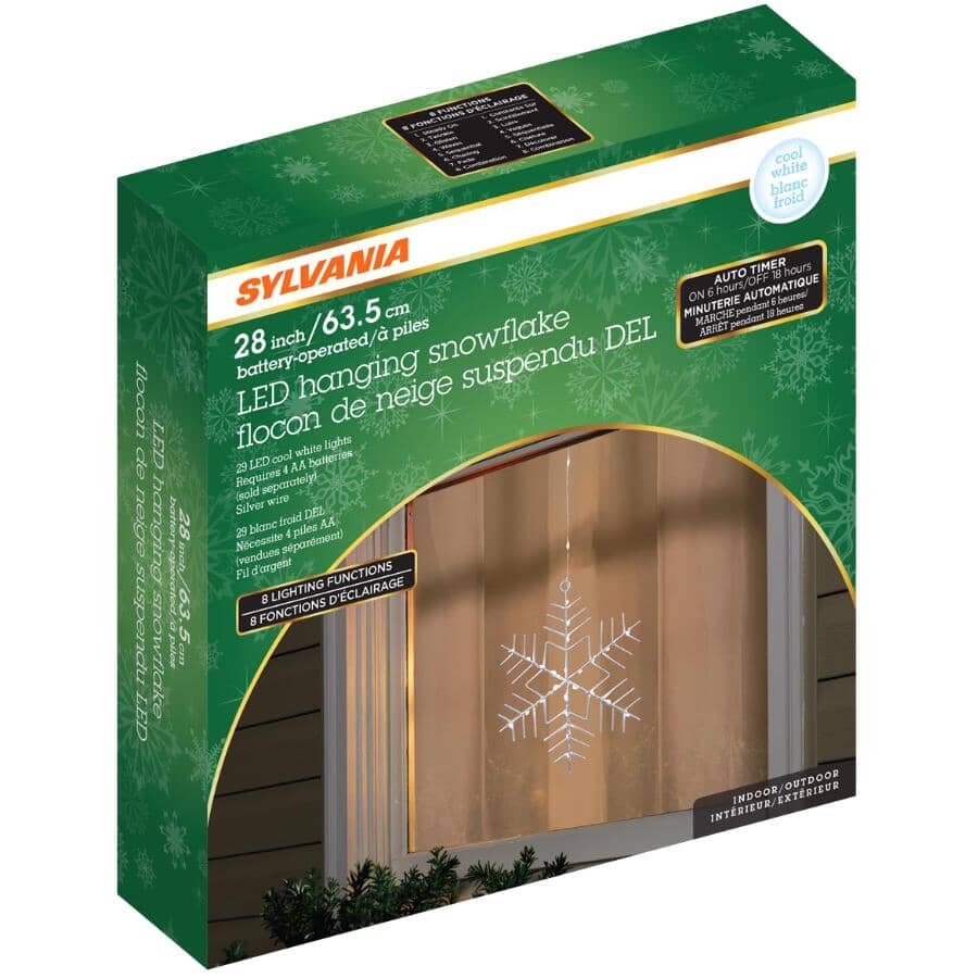 8" Hanging Snowflake Light - 23 LED Cool White Lights + Battery Operated