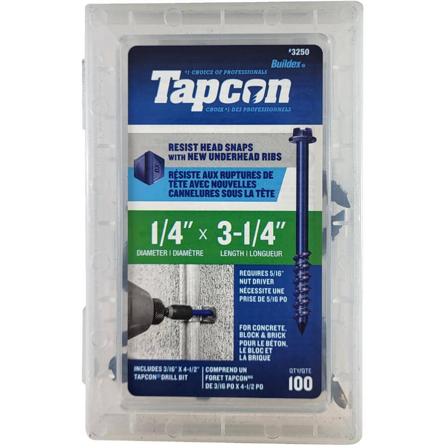 100 Pack 1/4" x 3-1/4" Hex Head Concrete Screws, with Drill Bit