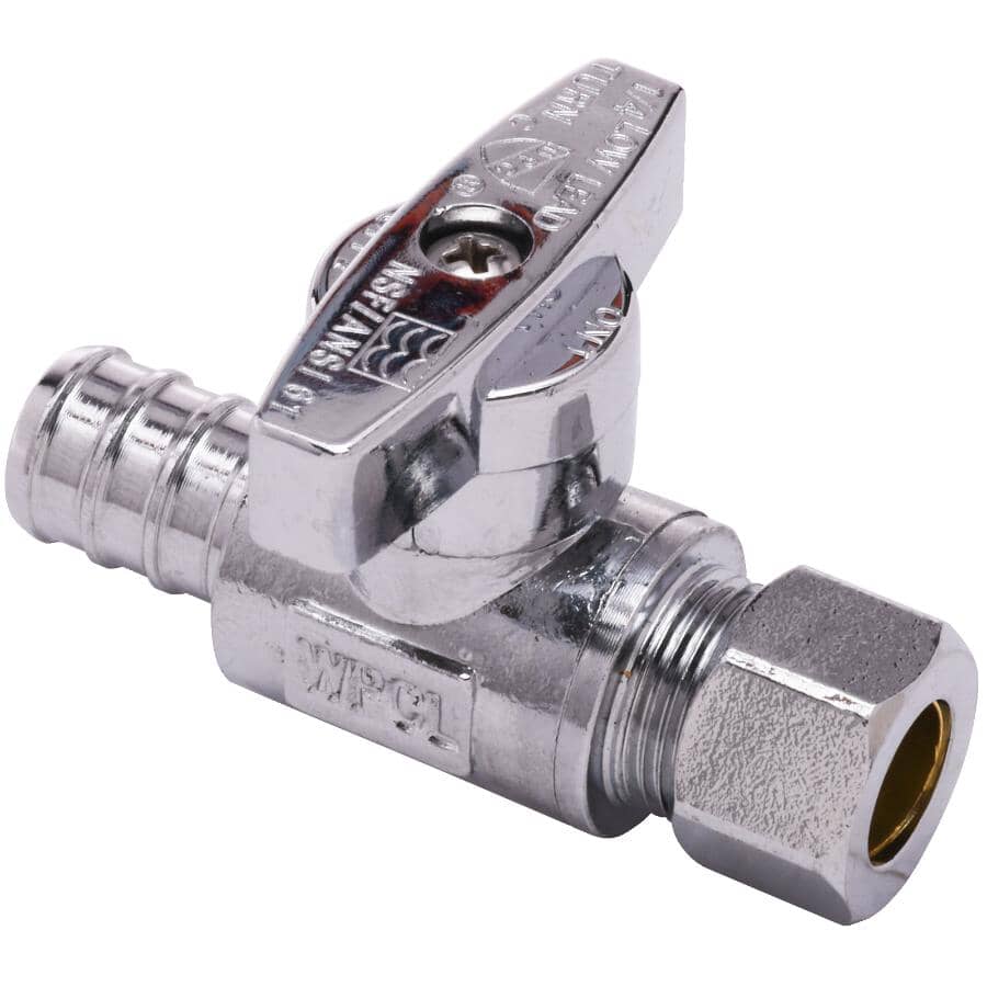 1/2" PEX x 3/8" Compression Brass Quarter-Turn Straight Stop Valve