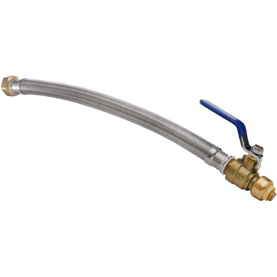 18" Push 'N' Connect Stainless Steel Braided Water Heater Connector - with Ball Valve, 1/2" Push Fit x 3/4" FPT