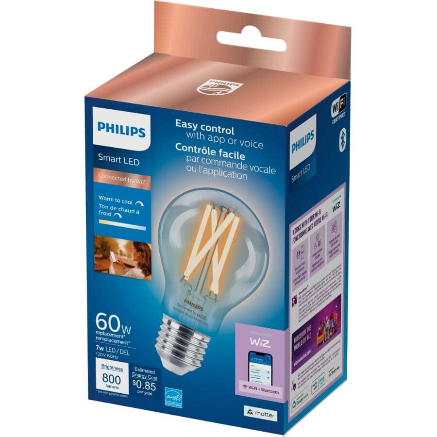 7W A19 Medium Base Wifi Tunable Clear Smart LED Light Bulb