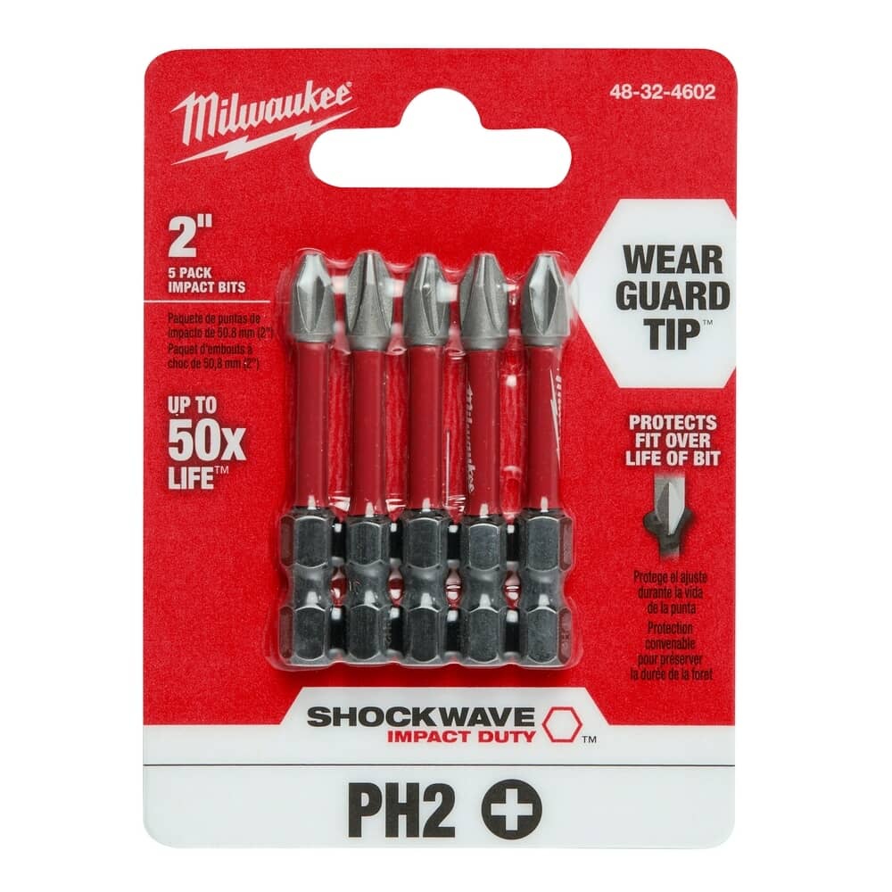 Shockwave 2" #2 Phillips Impact Rated Power Bits - 5 Pack