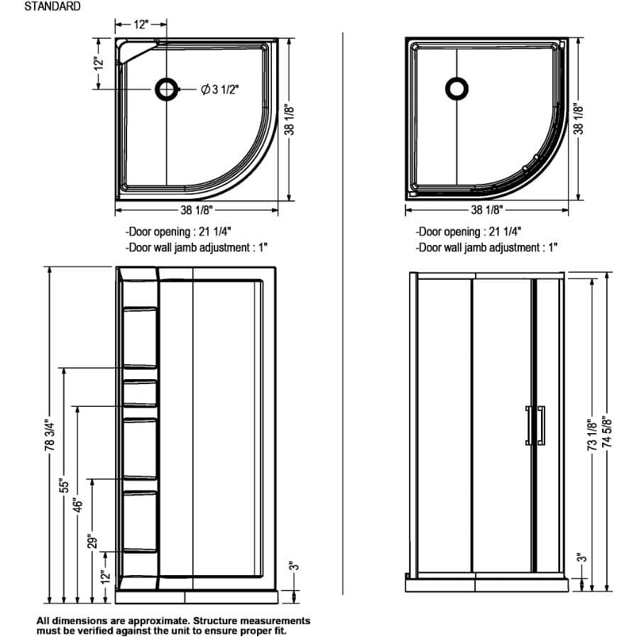 38" x 38" x 77.63" Kassia Neo-Round Shower Door & Base - White + Clear Glass & Matte Black Trim