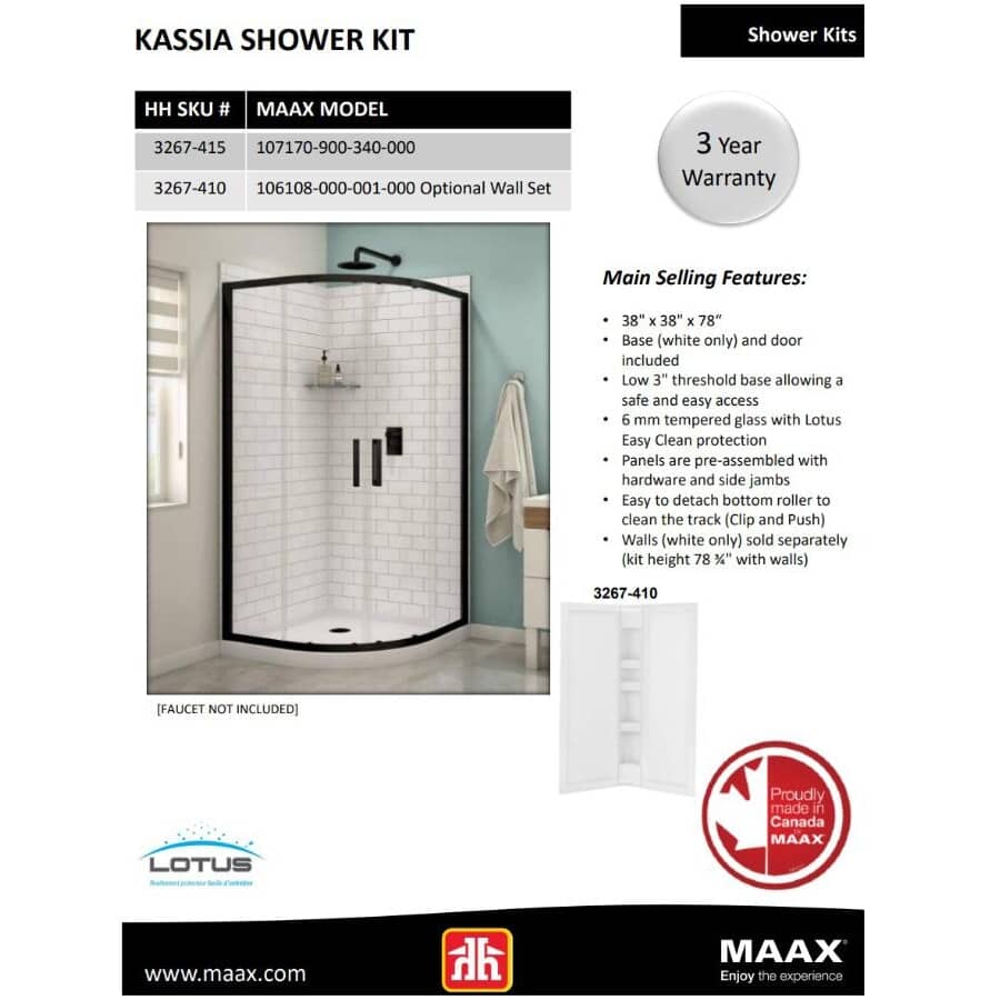 38" x 38" x 77.63" Kassia Neo-Round Shower Door & Base - White + Clear Glass & Matte Black Trim
