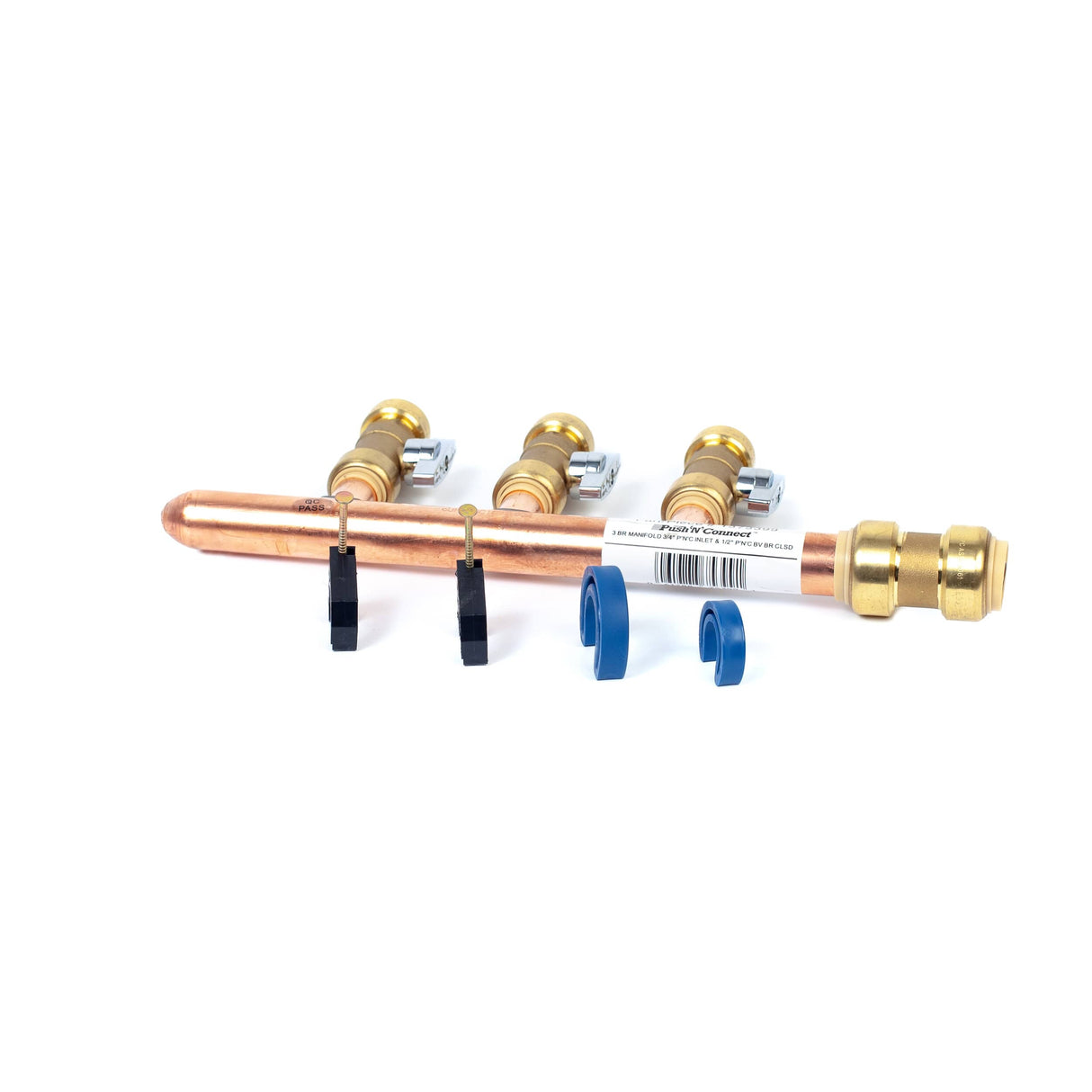 3/4" Push Fit Inlet x 1/2" Push Fit Push 'N' Connect 3 Branch Closed End Manifold with Valves