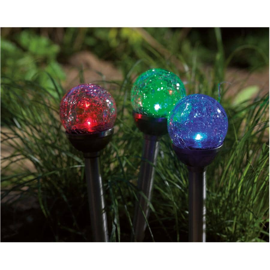 Stainless Steel Solar Garden Stake Lights - with Cracked Glass + Colour Changing Lights, Set of 6