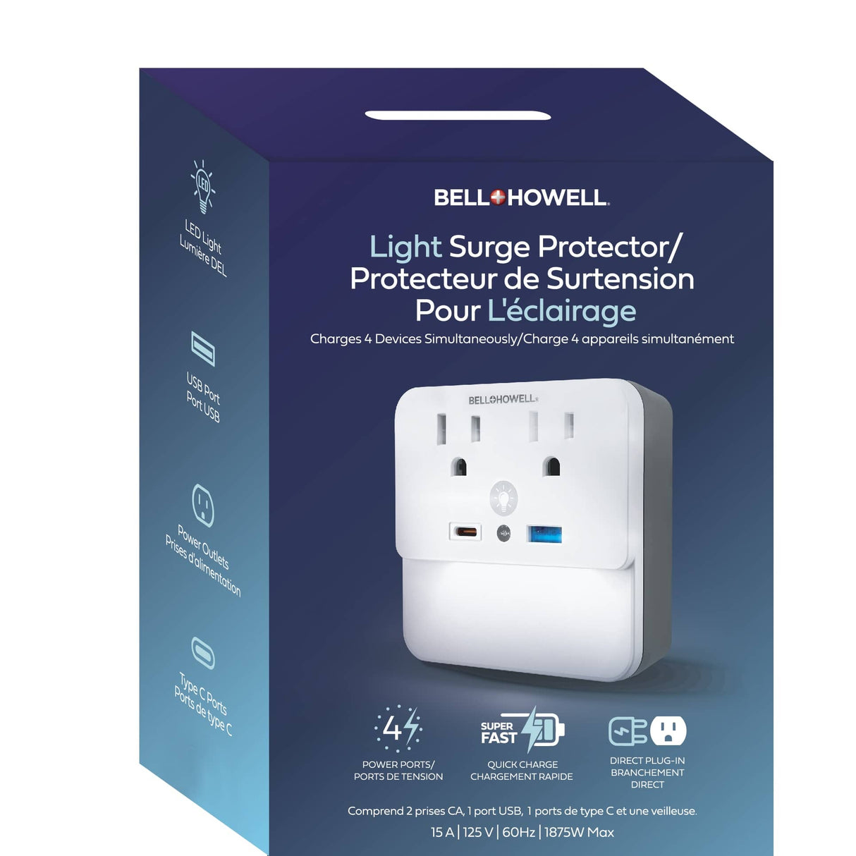 4 Outlet Light Surge Protector with LED light, 1 Type-C & 1 USB ports