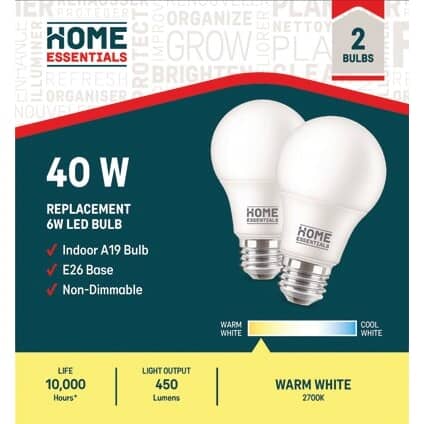 6W A19 Medium Base Soft White Non-Dimmable LED Light Bulbs - 2 Pack
