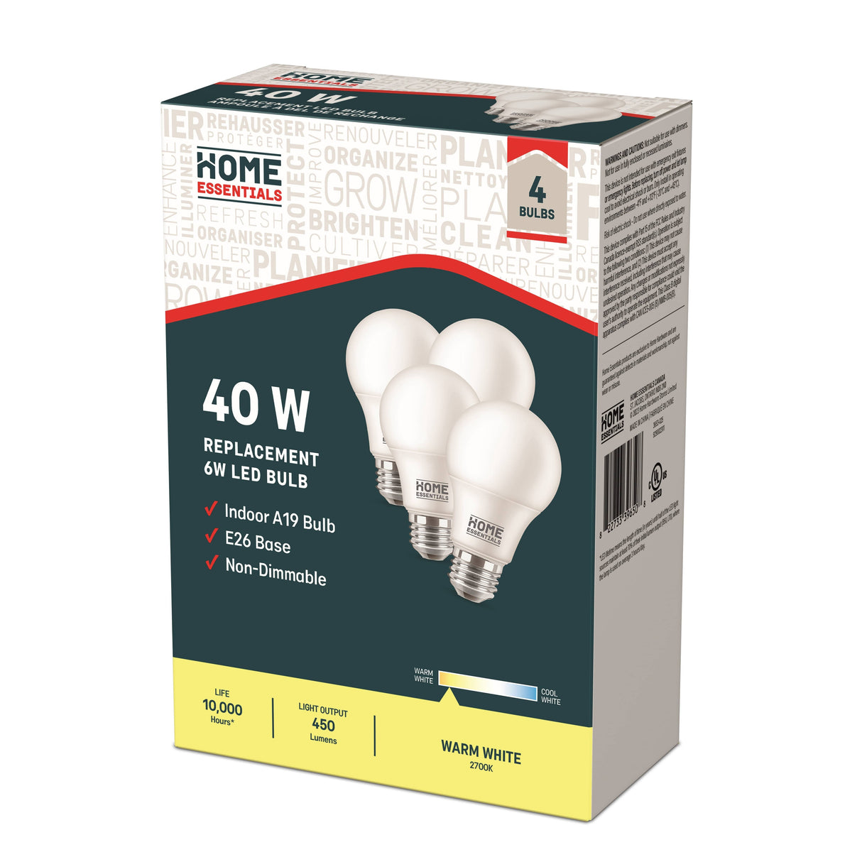 6W A19 Medium Base Soft White Non-Dimmable LED Light Bulbs - 4 Pack