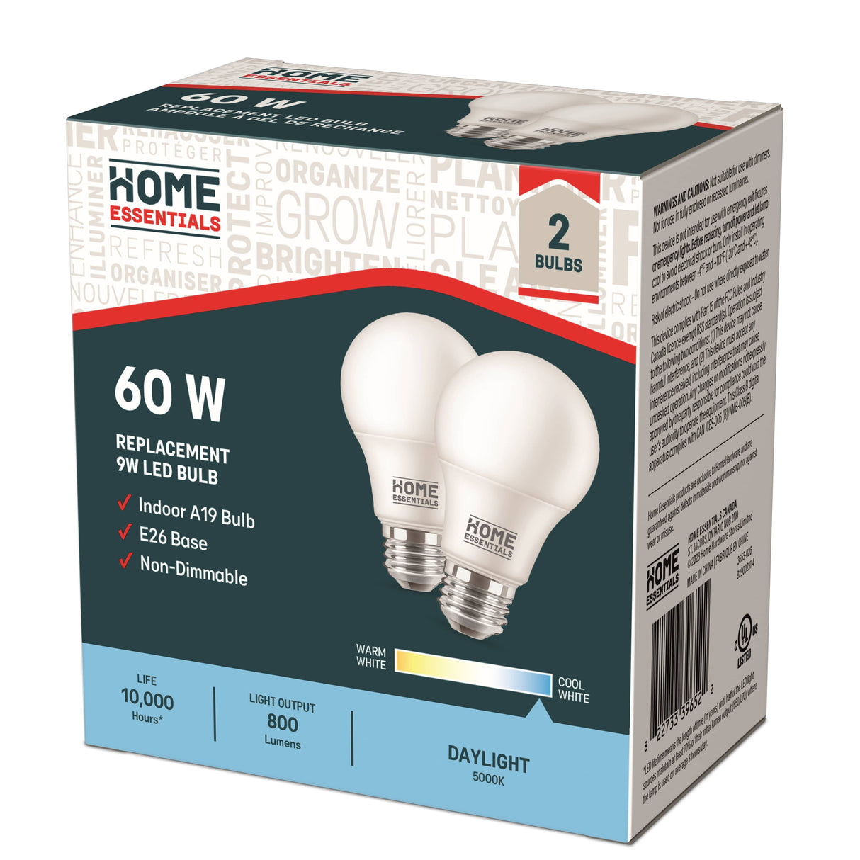 9W A19 Medium Base Daylight Non-Dimmable LED Light Bulbs - 2 Pack