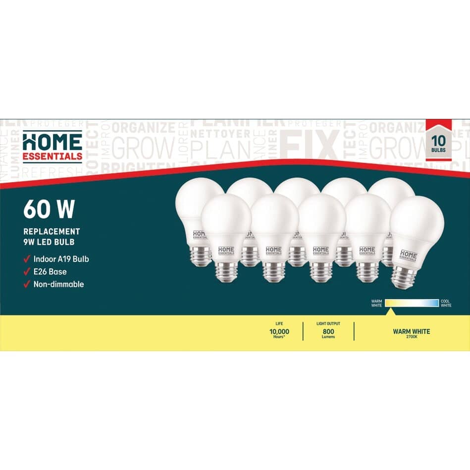 9W A19 Medium Base Warm White Non-Dimmable LED Light Bulbs - 10 Pack