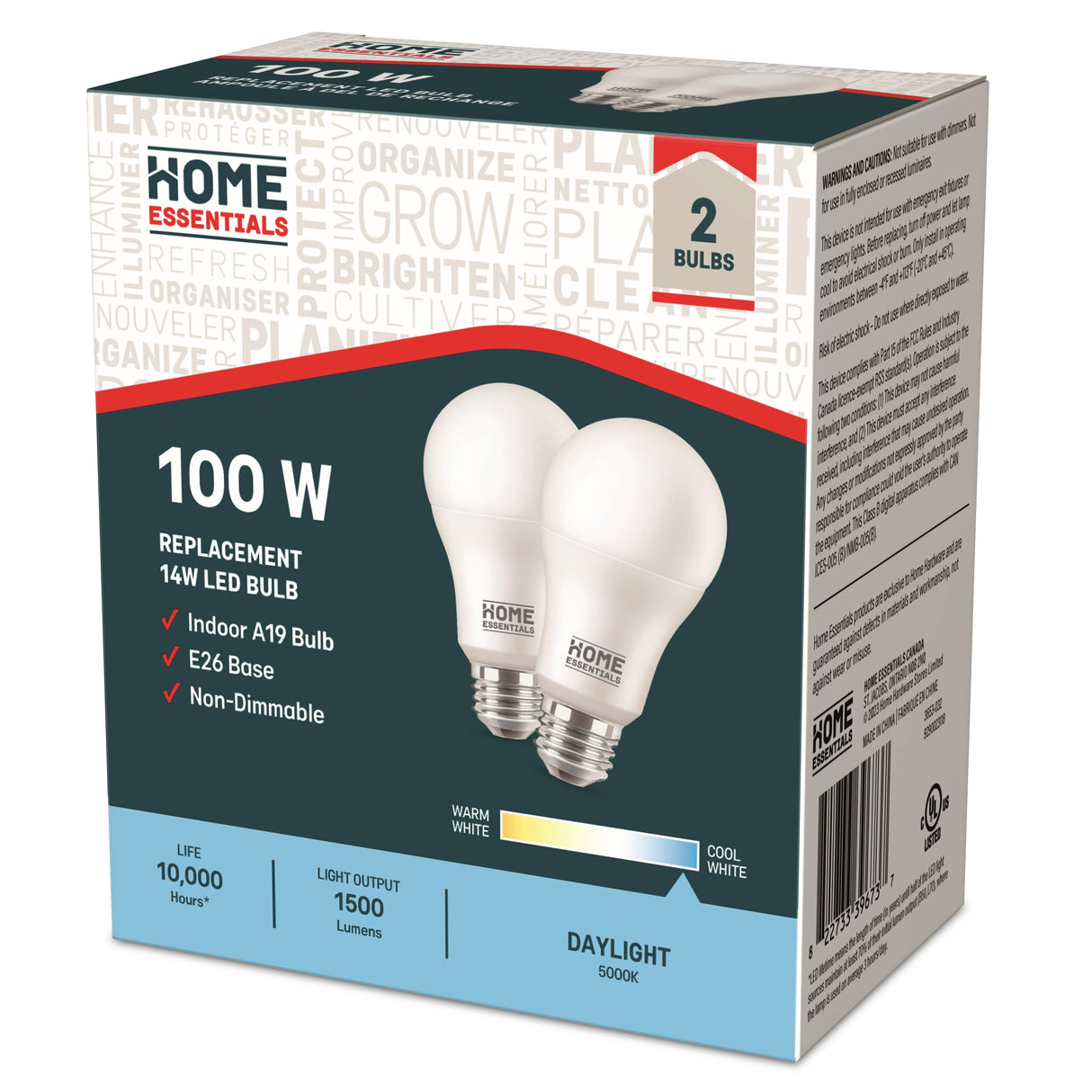 14W A19 Medium Base Daylight Non-Dimmable LED Light Bulbs - 2 Pack