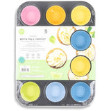 Non-Stick Muffin Pan with Removable Silicone Liners - 12 Cups