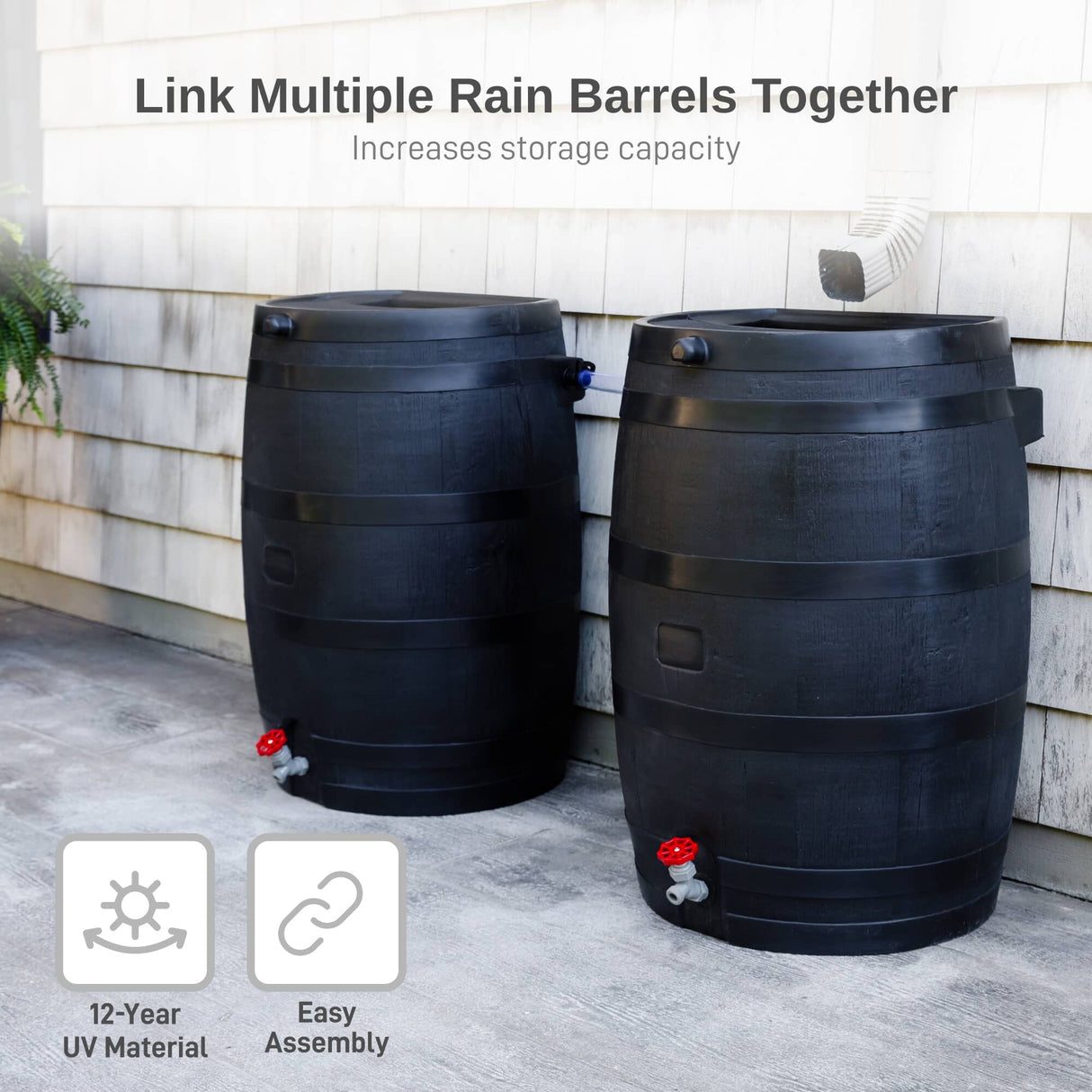 Polyethylene 50 Gallon Flat Back Eco Rain Barrel - Black