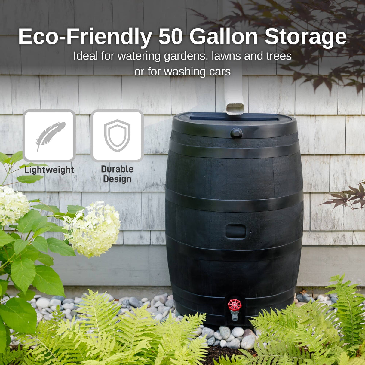Polyethylene 50 Gallon Flat Back Eco Rain Barrel - Black