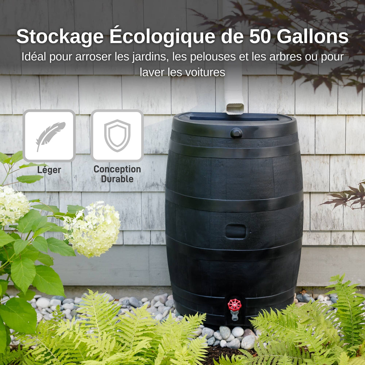 Polyethylene 50 Gallon Flat Back Eco Rain Barrel - Black