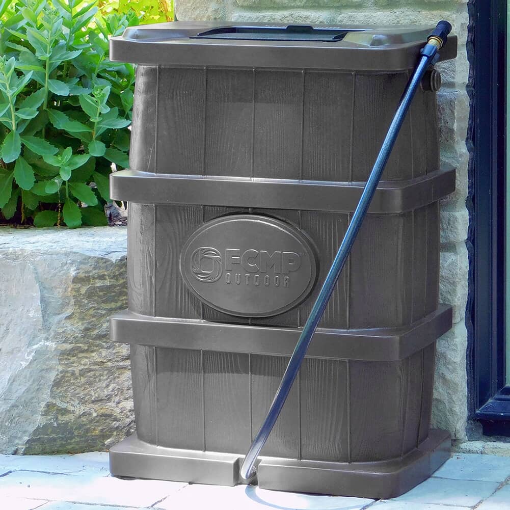 45Gal Charcoal Grey Wood Grain Flat Back Rain Barrel