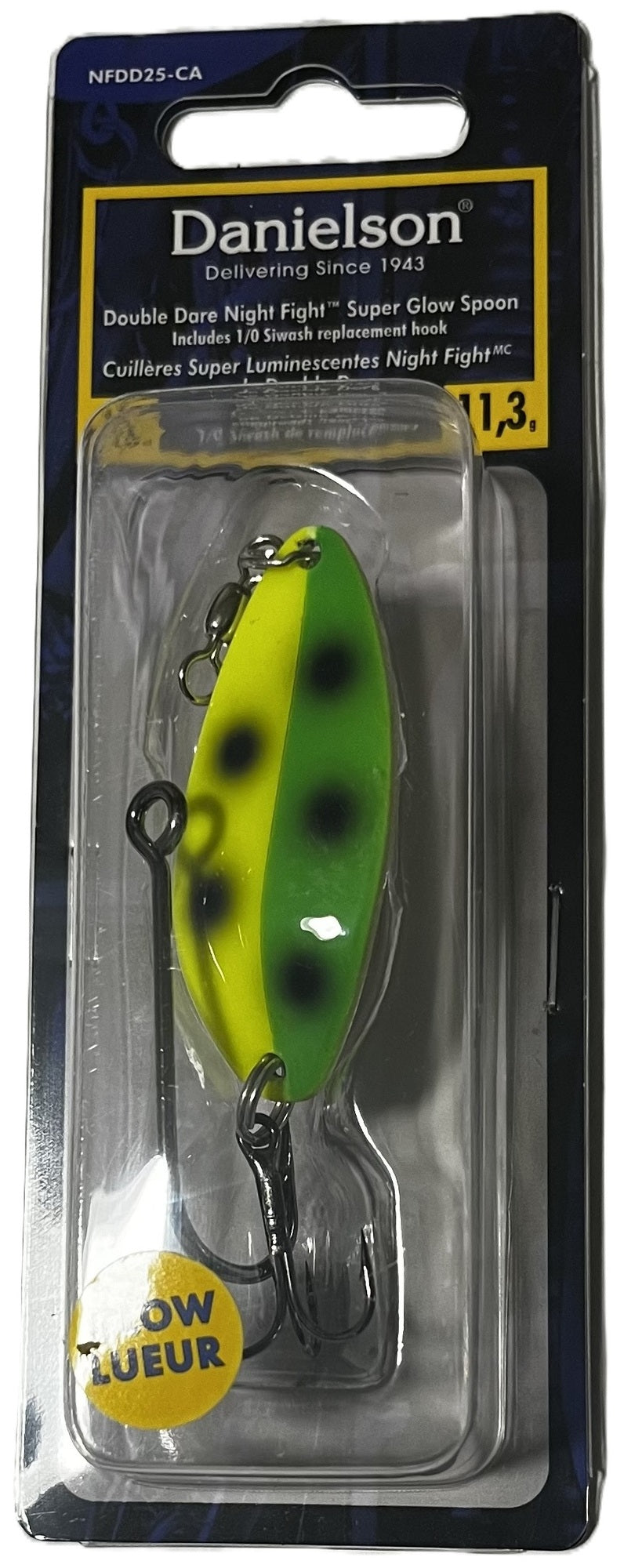 Danielson NFDD25-CA-SP Night Fight Double Dare Spoon, 2/5oz, w/Treble & Siwash hook, South Paw Super Glow