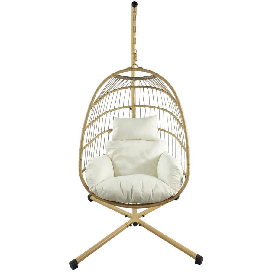 Resin Wicker Hanging Egg Chair with Stand and Cushions - Beige