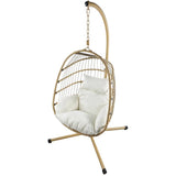 Resin Wicker Hanging Egg Chair with Stand and Cushions - Beige