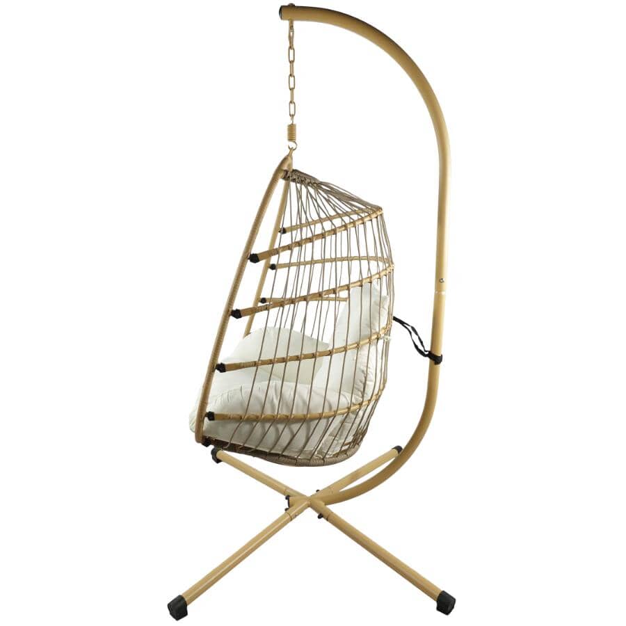 Resin Wicker Hanging Egg Chair with Stand and Cushions - Beige