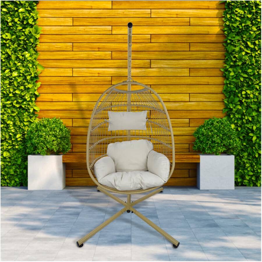 Resin Wicker Hanging Egg Chair with Stand and Cushions - Beige