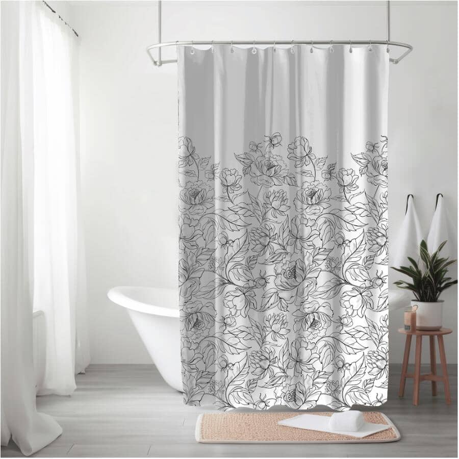 Gloria Floral Polyester Shower Curtain - Black & White, 70" x 72"