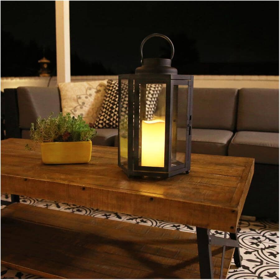 14" Black Hexagonal Candlelit Lantern - with Battery Operated LED Candle