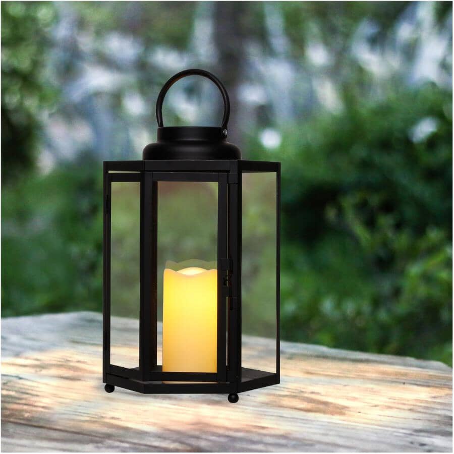 14" Black Hexagonal Candlelit Lantern - with Battery Operated LED Candle