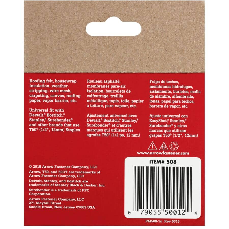 1250 Pack 1/2" Staples, for T50 Stapler