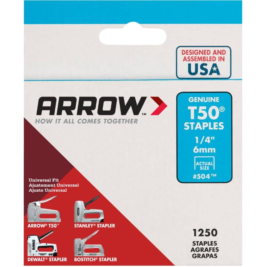 1250 Pack 1/4" Staples, for T50 Stapler