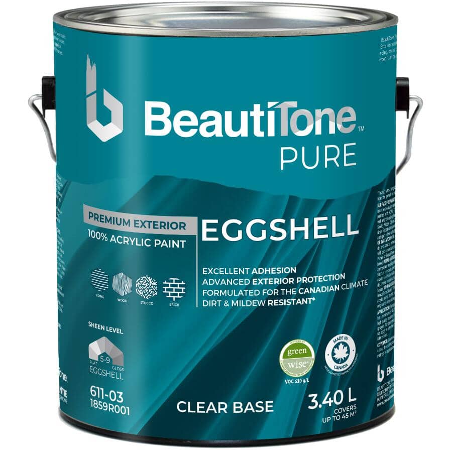100% Acrylic Premium Exterior Eggshell Paint - Clear Base, 3.40 L