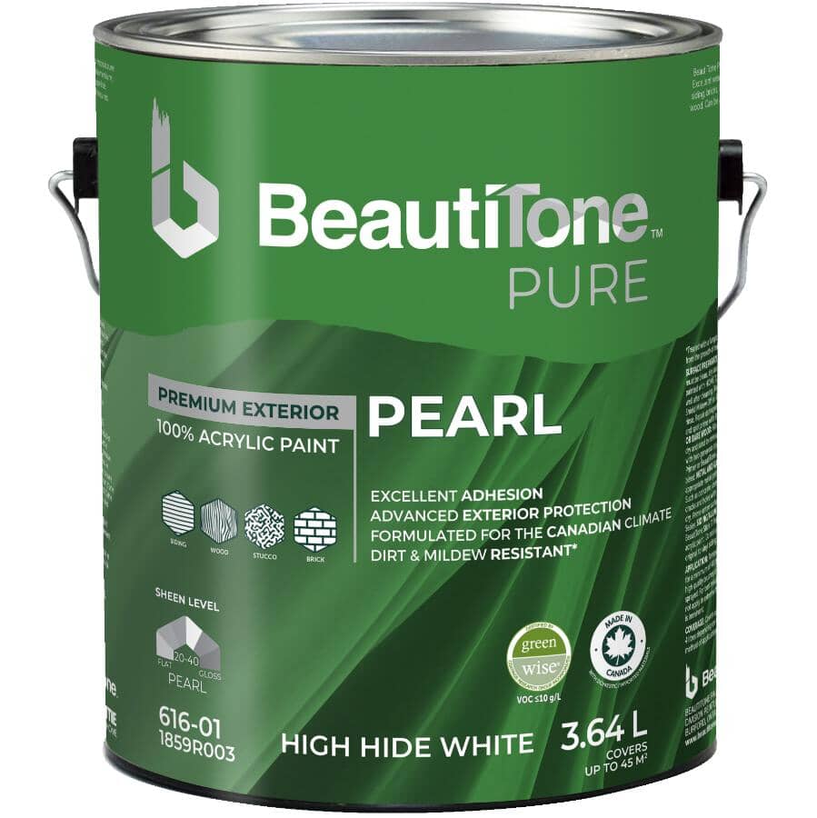 100% Acrylic Premium Exterior Pearl Paint - High Hide White, 3.64 L