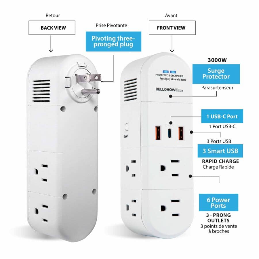 Swivel Power with 6 Outlets - 2 USB & 1 C Charging Ports, White