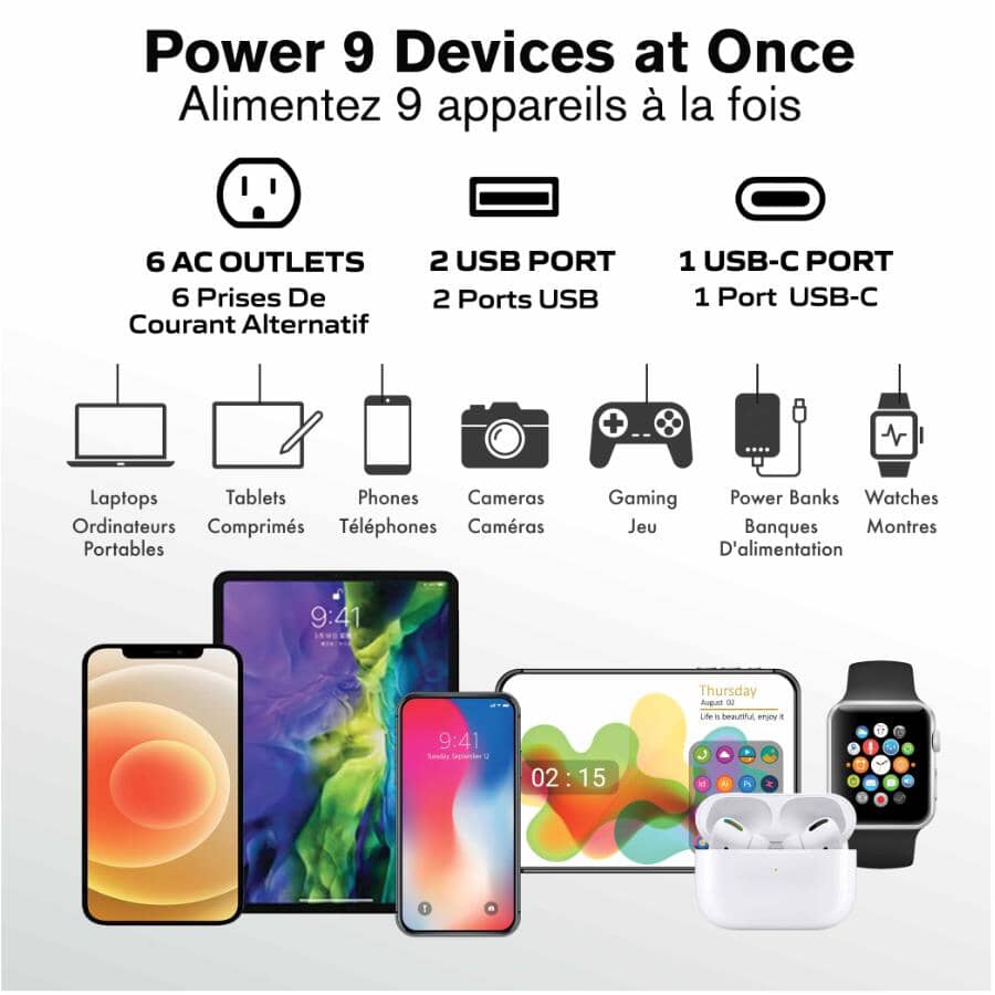 Swivel Power with 6 Outlets - 2 USB & 1 C Charging Ports, White