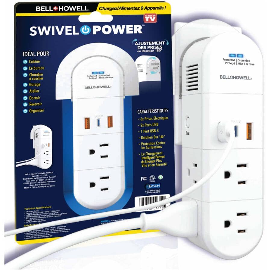 Swivel Power with 6 Outlets - 2 USB & 1 C Charging Ports, White
