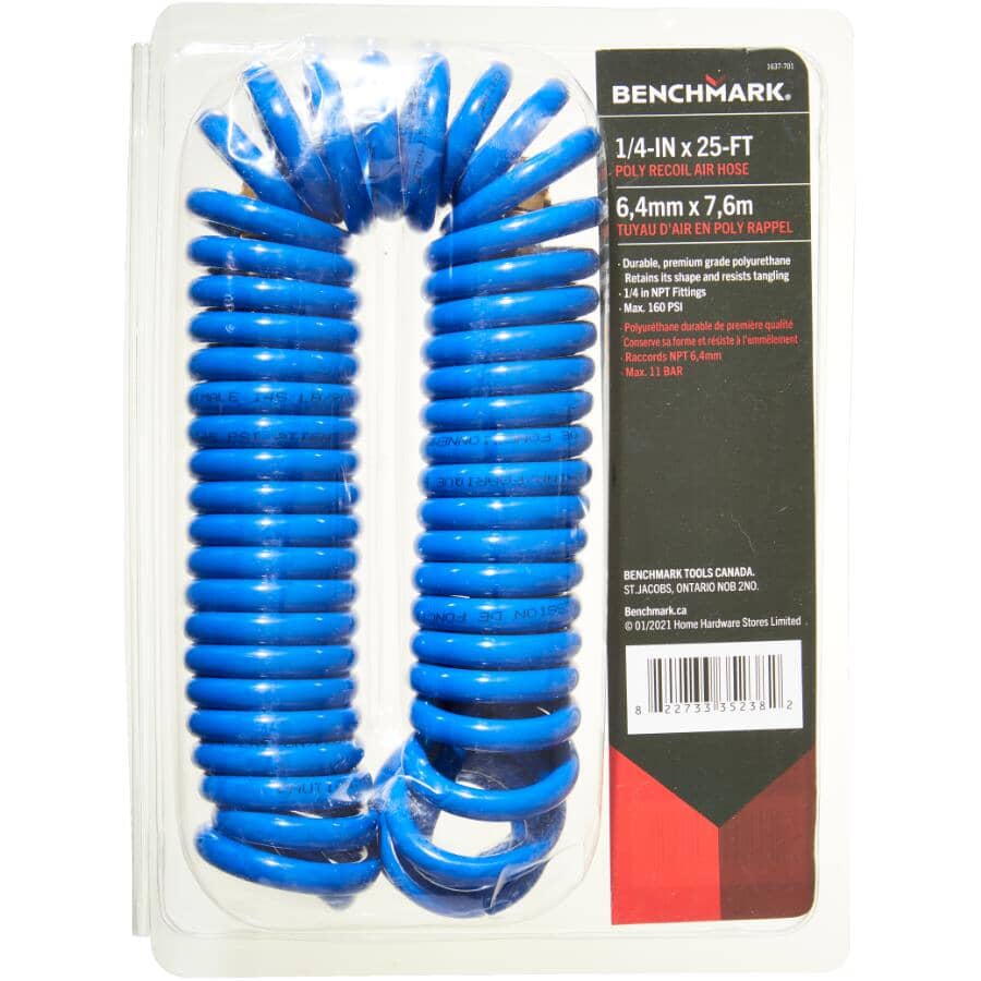 1/4" x 25' x 1/4" National Pipe Thread Blue Poly Recoil Air Hose