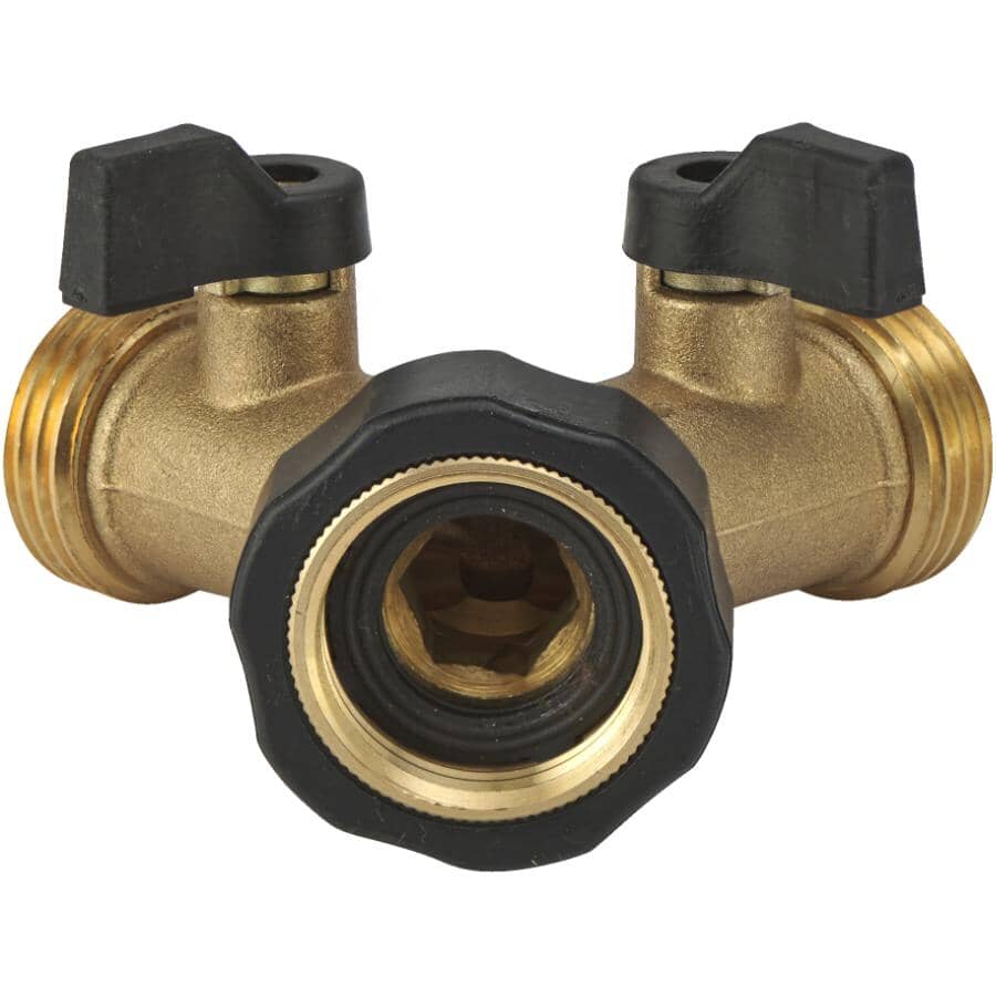 2-Way Brass Hose Connector, with Dual Shut-Off Valves