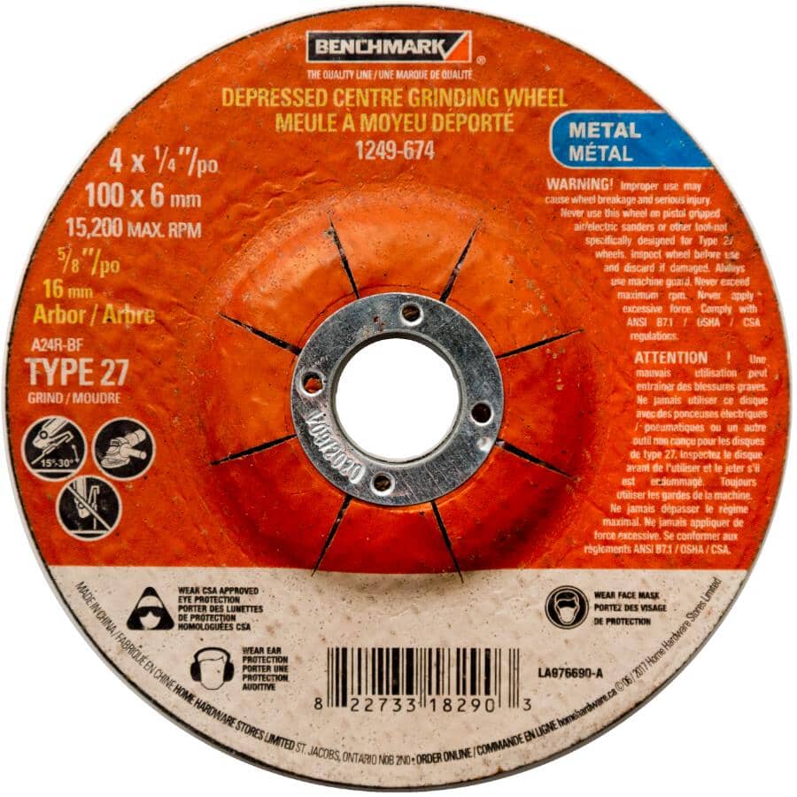 4" x 1/4" x 5/8" Depressed Centre Metal Grinding Wheel