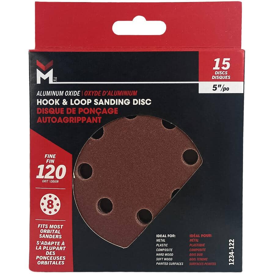 5" 120 Grit Aluminum Oxide Hook and Loop Sanding Discs, with 8 Vacuum Holes - 15 Pack