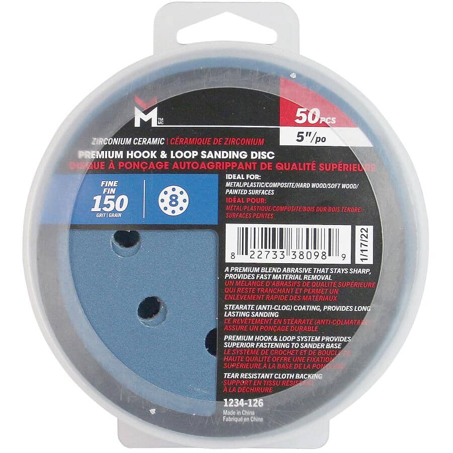 5" 150 Grit Zirconium Ceramic Hook & Loop Sanding Discs, with 8 Vacuum Holes - 50 Pack